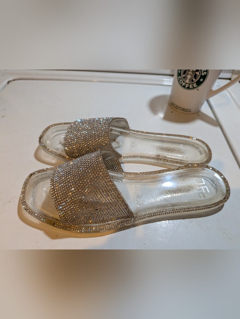 JustFab Women's Clear Slide Sandals with Silver Rhinestones